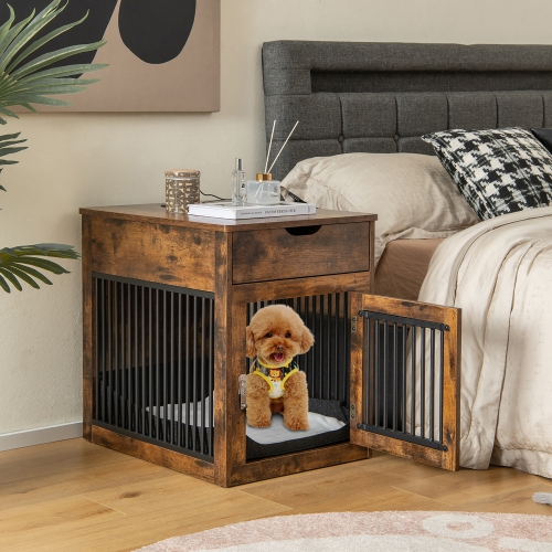 Costway 2-In-1 Furniture Dog Crate with Drawer Wired & Wireless Charging Side End Table