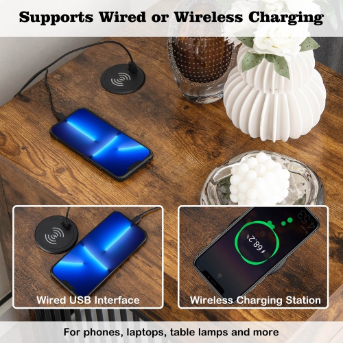 Costway 2-In-1 Furniture Dog Crate with Drawer Wired & Wireless Charging Side End Table