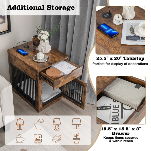 Costway 2-In-1 Furniture Dog Crate with Drawer Wired & Wireless Charging Side End Table