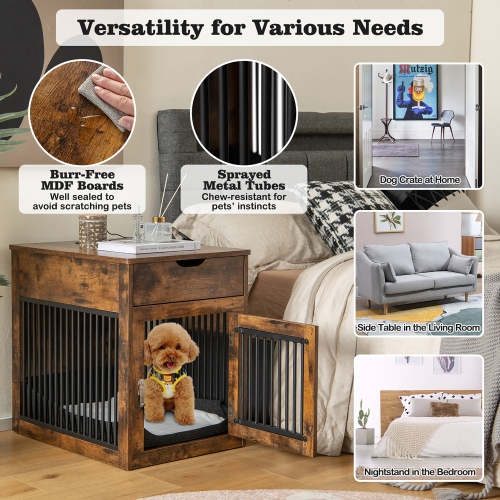 Costway 2-In-1 Furniture Dog Crate with Drawer Wired & Wireless Charging Side End Table