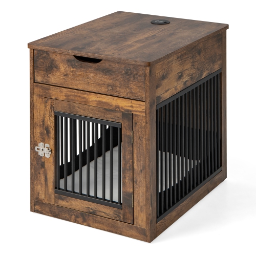 Costway 2-In-1 Furniture Dog Crate with Drawer Wired & Wireless Charging Side End Table