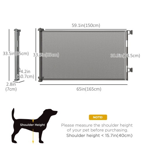 PawHut Retractable Pet Gate, 33.5" Tall, Extends to 59.1" Wide, Foldable Mesh Dog Gate for house, w/ Single Hand Operation, for Stairs, Doorways,