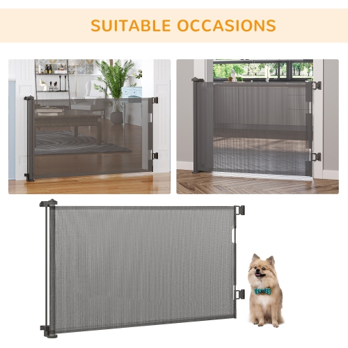 PawHut Retractable Pet Gate, 33.5" Tall, Extends to 59.1" Wide, Foldable Mesh Dog Gate for house, w/ Single Hand Operation, for Stairs, Doorways,