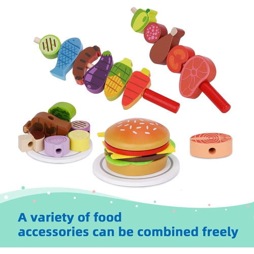 Barbecue de cuisine jouet en bois de TOOKYLAND - Ensemble de barbecue jouet pour enfants avec aliments et accessoires de jeu, jeu de barbecue de