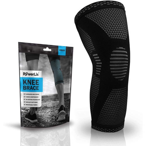 Image 1 de 4.. Manchon de compression au genou Powerlix pour hommes et femmes pour douleurs au genou/soutien et sports - Noir petit
