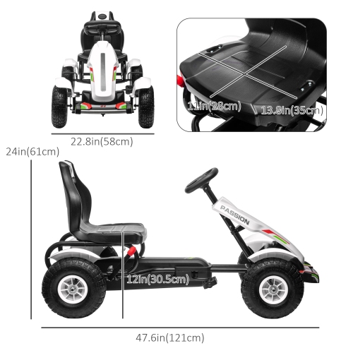 Aosom Pedal Go Kart for Kids, Pedal Car with Adjustable Bucket, Handbrake, 4 Rubber Wheels Powered Ride, Indoor Foot Racer, Aged 5-12 Years Old, White