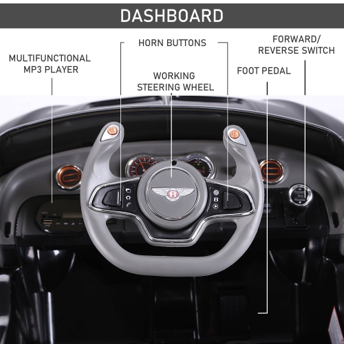 Aosom 12V Ride On Car Licensed Bentley Battery Powered Electric Vehicles w/ Parent Remote Control, Headlights, MP3, 2 Speed, USB Port - Black