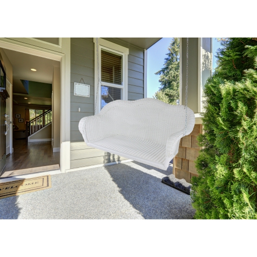 50" White Stripe Outdoor Patio Resin Wicker Swing with Chain