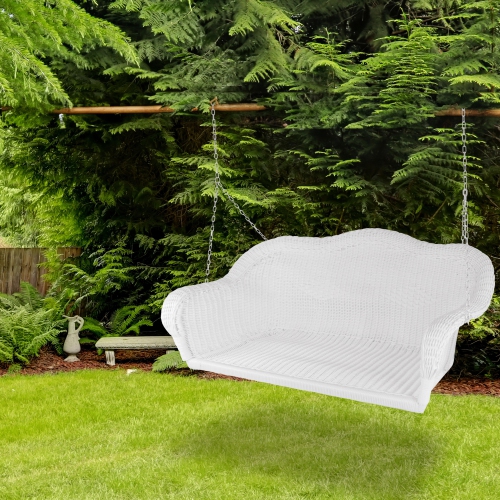 50" White Stripe Outdoor Patio Resin Wicker Swing with Chain