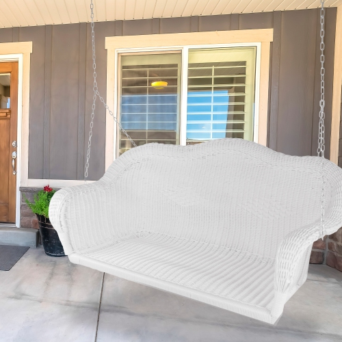 50" White Stripe Outdoor Patio Resin Wicker Swing with Chain