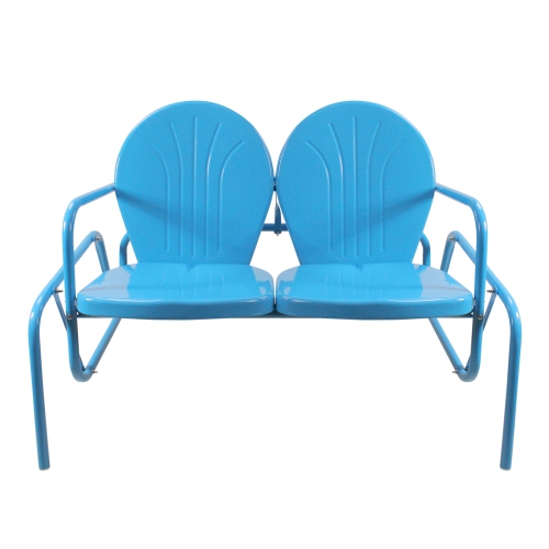 2-Person Outdoor Retro Metal Tulip Double Glider Patio Chair, Turquoise Blue