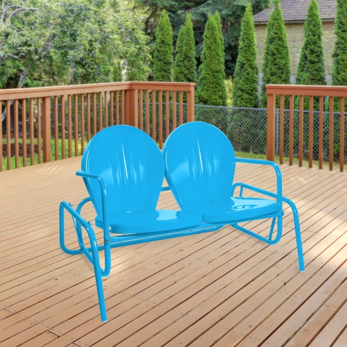 2-Person Outdoor Retro Metal Tulip Double Glider Patio Chair, Turquoise Blue