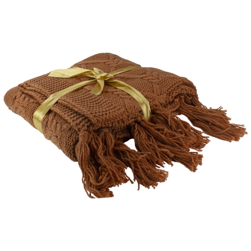Golden Ochre Knit Throw Blanket with Tassels 50" x 60"