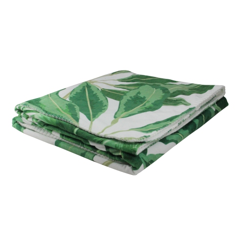 White and Green Tropical Leaves Plush Fleece Throw Blanket 50" x 60"