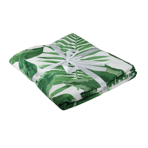 White and Green Tropical Leaves Plush Fleece Throw Blanket 50" x 60"