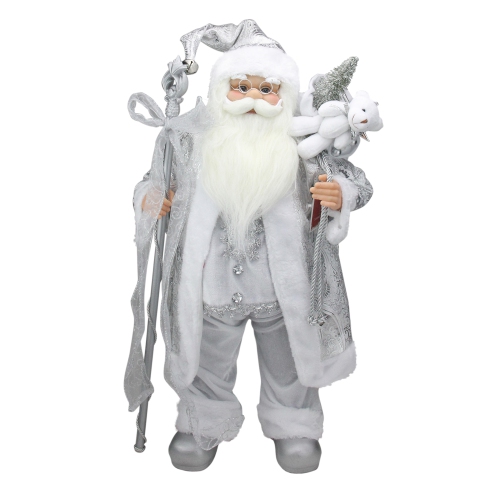 NORTHLIGHT  24" Silver And Santa Claus With Staff And Gift Bag Christmas Figure In White