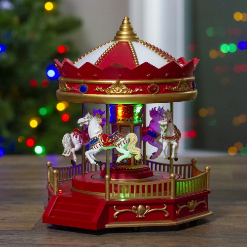 LED Lighted Animated and Musical Carousel Christmas Village Display - 9.25"