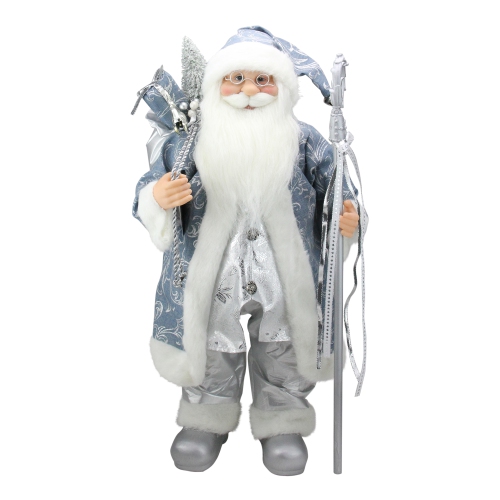 NORTHLIGHT  25" Standing Santa Claus In And Silver Holding A Staff Christmas Figure In Blue