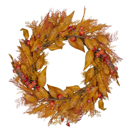 Yellow and Orange Berry and Leaves Fall Harvest Artificial Wreath - 24-Inch, Unlit