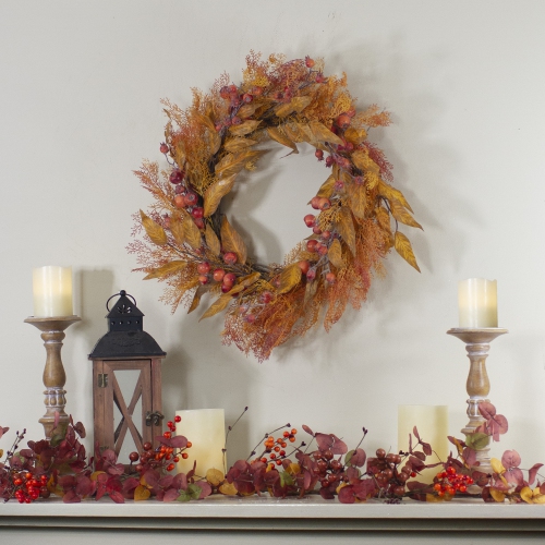 Yellow and Orange Berry and Leaves Fall Harvest Artificial Wreath - 24-Inch, Unlit