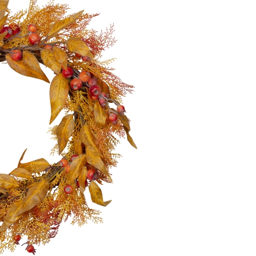 Yellow and Orange Berry and Leaves Fall Harvest Artificial Wreath - 24-Inch, Unlit