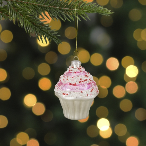 4" Pink and White Cupcake with Sprinkles Glass Christmas Ornament