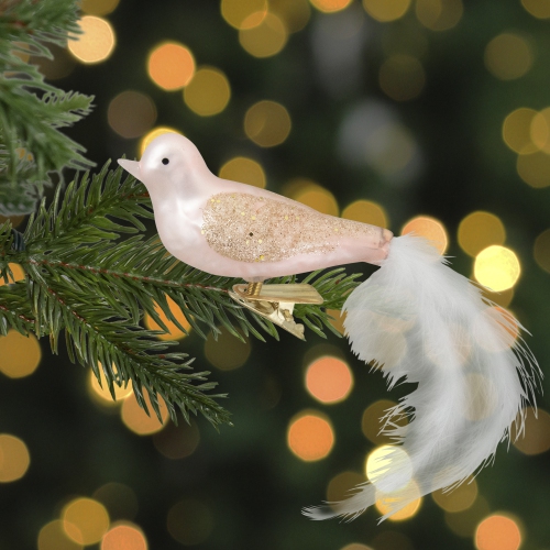Glitter Winged Bird with Tail Clip-On Glass Christmas Ornament - 5.5" - Pink and Gold