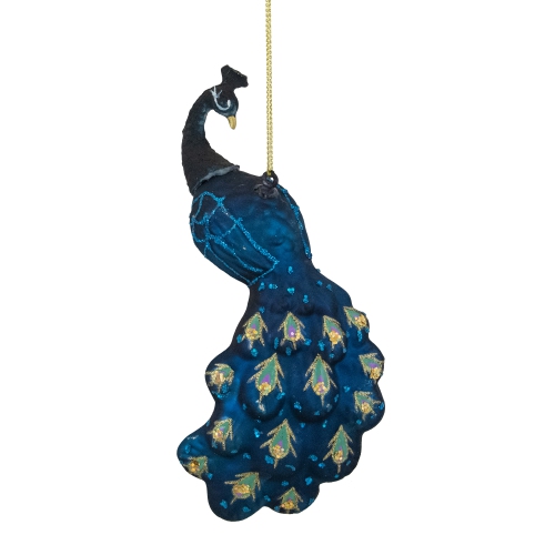 NORTHLIGHT  Glittered Peacock Glass Christmas Ornament - 6" - Indigo In Blue