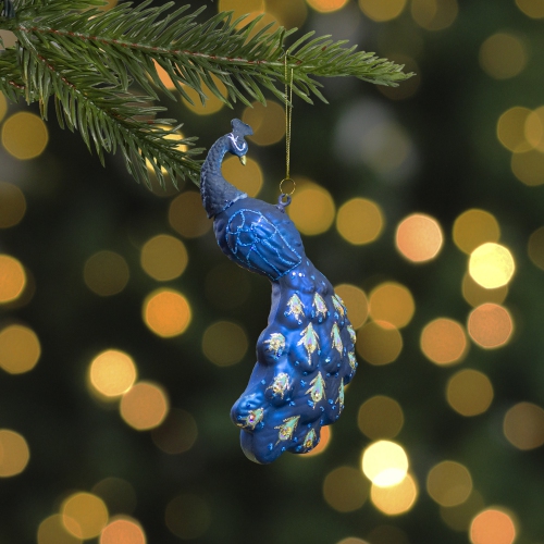 Glittered Peacock Glass Christmas Ornament - 6" - Indigo Blue