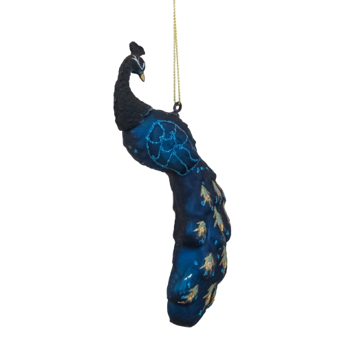 Glittered Peacock Glass Christmas Ornament - 6" - Indigo Blue