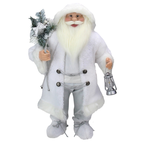 NORTHLIGHT  24" Silver Santa Claus With Lantern Christmas Figure In White