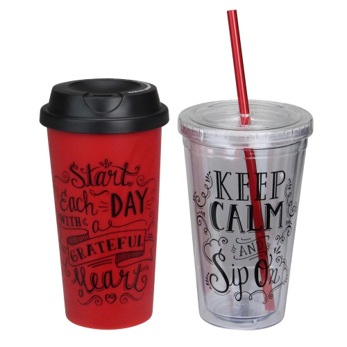 6.75" Inspirational Red With Black Accents Tumbler and Travel Mug Set