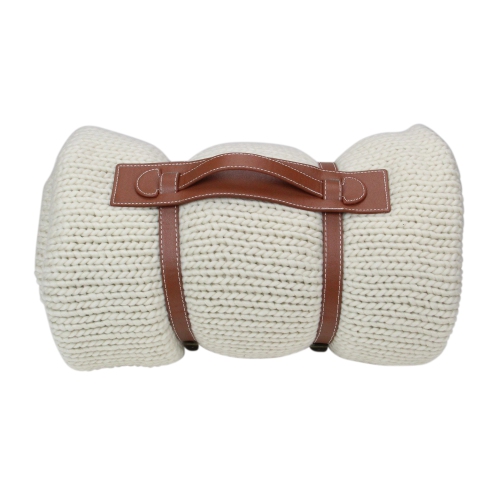 Ivory Super Plush Knitted Throw Blanket with Carrying Band 60" x 60"