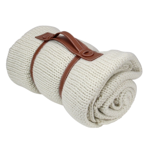 Ivory Super Plush Knitted Throw Blanket with Carrying Band 60" x 60"