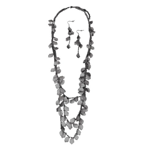 Image 1 of 2.. Brushed Silvertone Leaves Fashion Jewelry Multistrand Necklace and Earrings Set