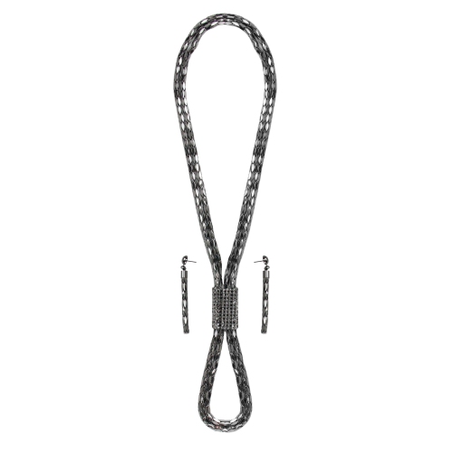 Image 1 of 2.. Set of Jet Silvertone Chain Mail with Crystal Pendant Long Necklace and Earrings