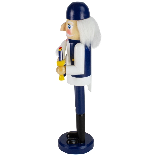 14" Blue and White Wooden Hanukkah Nutcracker with Dreidel and Menorah