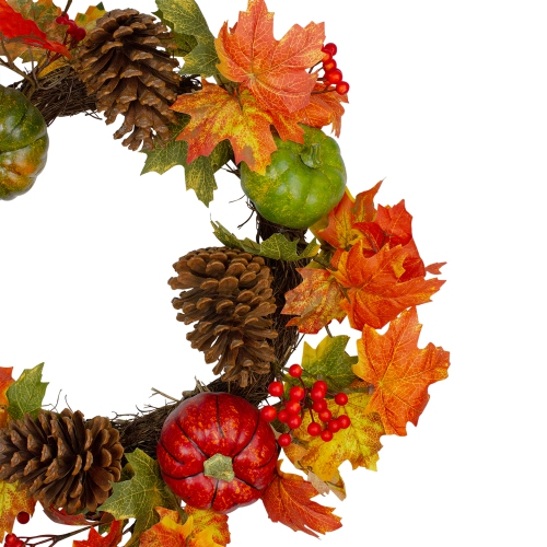 Leaves, Pine Cones and Pumpkins Artificial Fall Harvest Wreath - 20-Inch, Unlit