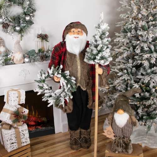 Santa Claus with Flocked Alpine Tree and Wreath Commercial Christmas Figure - 5'