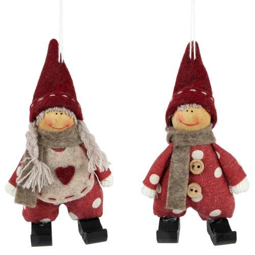 Set of 2 Red Polka Dot Boy and Girl Hanging Christmas Ornaments 5.5"