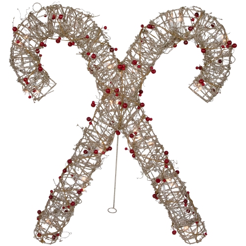 25" Lighted Champagne Gold Glittered Rattan Double Candy Cane Christmas Outdoor or Window Decoration