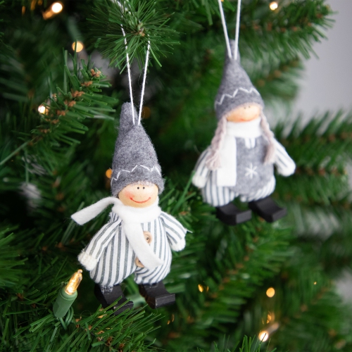 Plush Striped Boy and Girl Christmas Ornaments - 5.5" - Gray and White - Set of 2