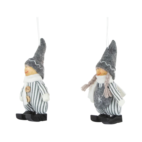 Plush Striped Boy and Girl Christmas Ornaments - 5.5" - Gray and White - Set of 2