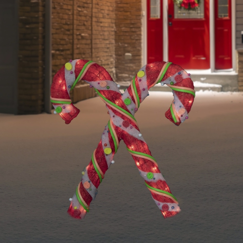 Lighted Sisal Double Candy Cane Christmas Outdoor Decoration - 26" - Clear Lights