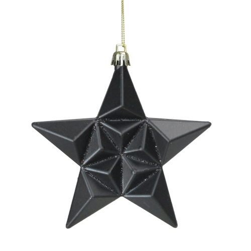 12ct Matte Jet Black Glittered Star Shatterproof Christmas Ornaments 5"