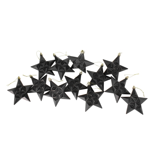 12ct Matte Jet Black Glittered Star Shatterproof Christmas Ornaments 5"