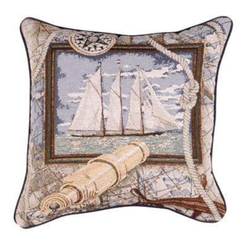 Coussin décoratif carré, bateau à voile, beige et bleu, 17 po