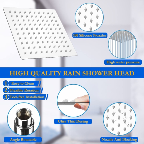 High Pressure Rainfall Shower Head, Rain Shower Head with Height/Angle Adjustable Extension Arm and Handheld Shower Combo, Chrome High Flow Stainless