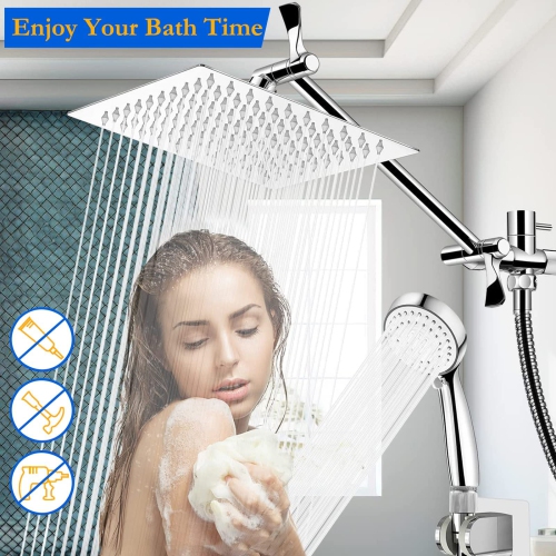 High Pressure Rainfall Shower Head, Rain Shower Head with Height/Angle Adjustable Extension Arm and Handheld Shower Combo, Chrome High Flow Stainless