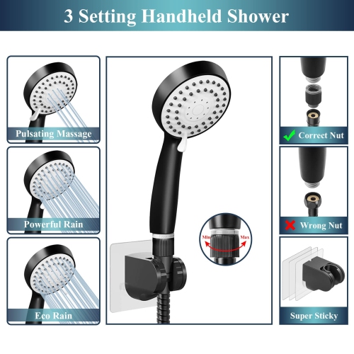 Bathroom High Pressure Hand-held Showerhead with Holder and 59 Inch Stainless Steel Hose, High Flow Hand Held and Adjustable Replacement Hand Held